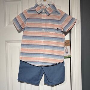 Kids Eddie Bauer Pastel Striped collared button up shirt, Blue linen Shorts Set